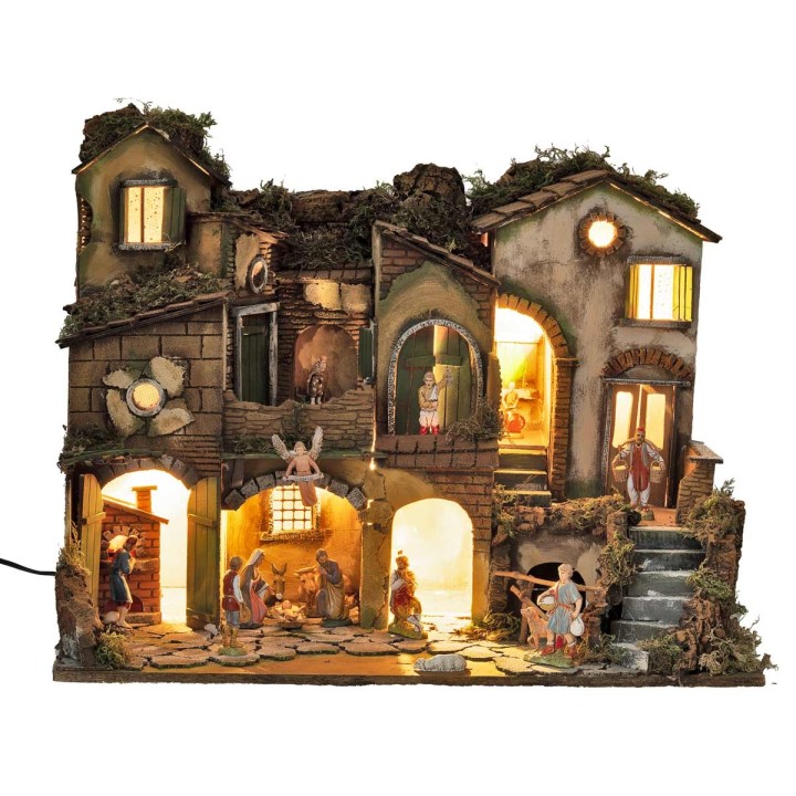 18th-century Neapolitan nativity scene with Landi statues, lights, and fire cm