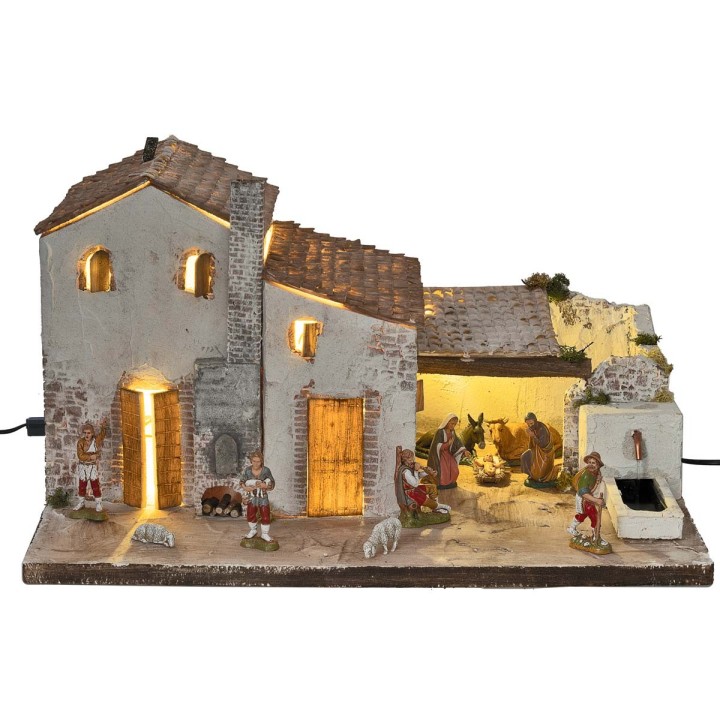 Nativity scene with Landi statues, lights, and working fountain cm