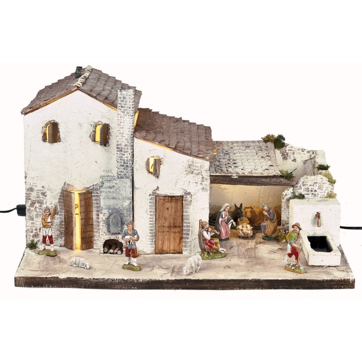 Presepe con statue Landi, luci e fontana funzionante cm