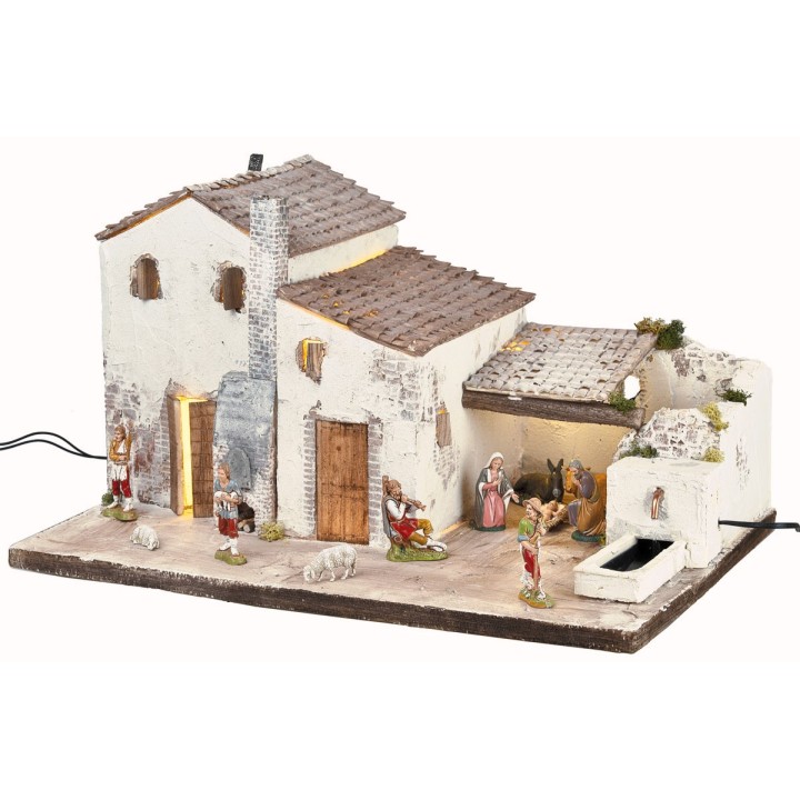 Nativity scene with Landi statues, lights, and working fountain cm