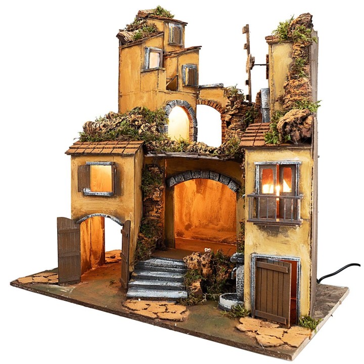 Presepe napoletano stile 700 illuminato con mulino a vento cm