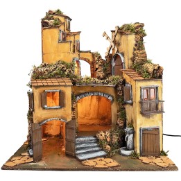 Presepe napoletano stile 700 illuminato con mulino a vento cm