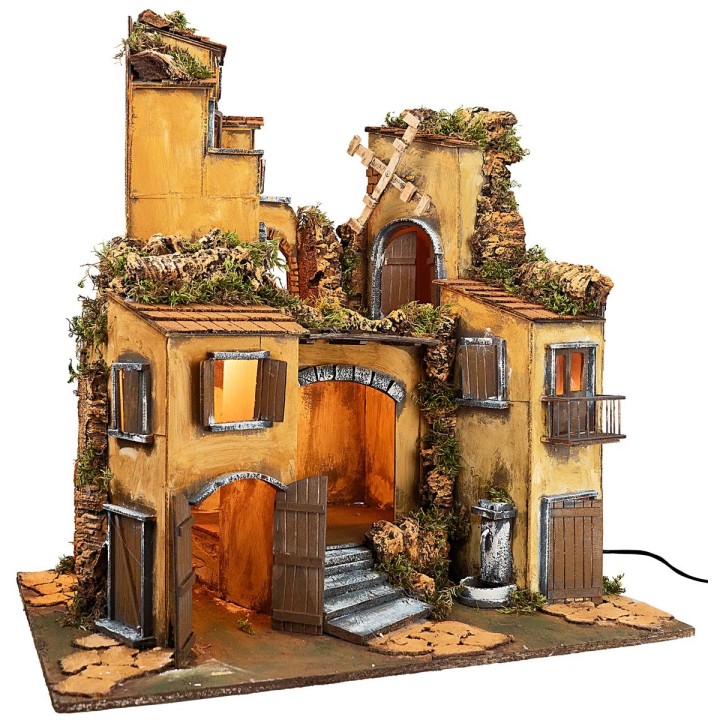 Pesebre napolitano estilo 700 iluminado con molino de viento cm