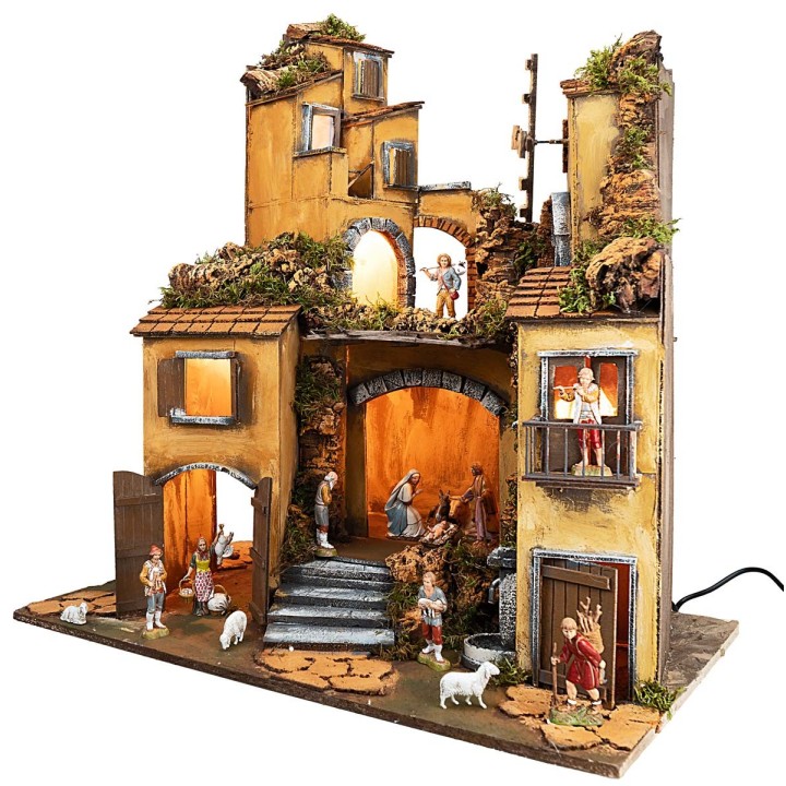 Pesebre napolitano estilo 700 con estatuas Landi, luces y
