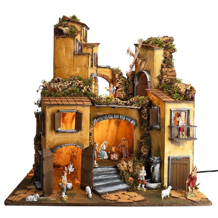 Pesebre napolitano estilo 700 con estatuas Landi, luces y
