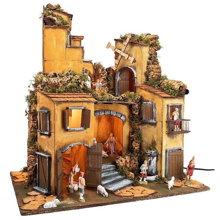 Presepe napoletano stile 700 con statue Landi, luci e mulino a