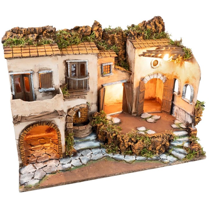 Borgo napoletano stile 700 illuminato con fontana cm 62x40x46 h