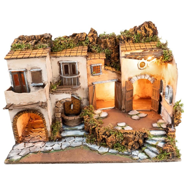 Borgo napoletano stile 700 illuminato con fontana cm 62x40x46 h