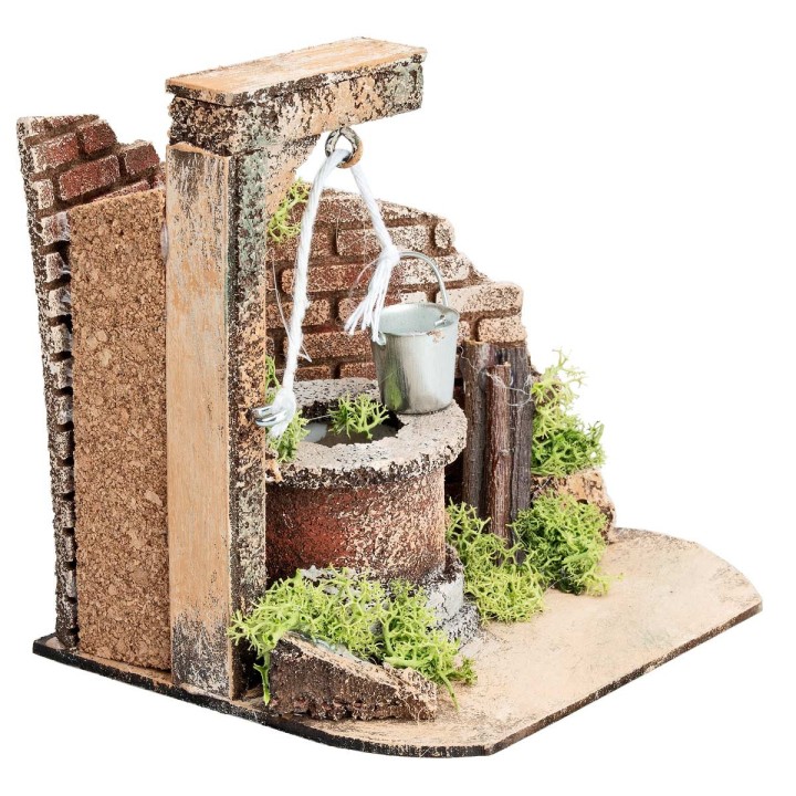 Pozo con cubo y murito de ladrillos para estatuas de 10 cm