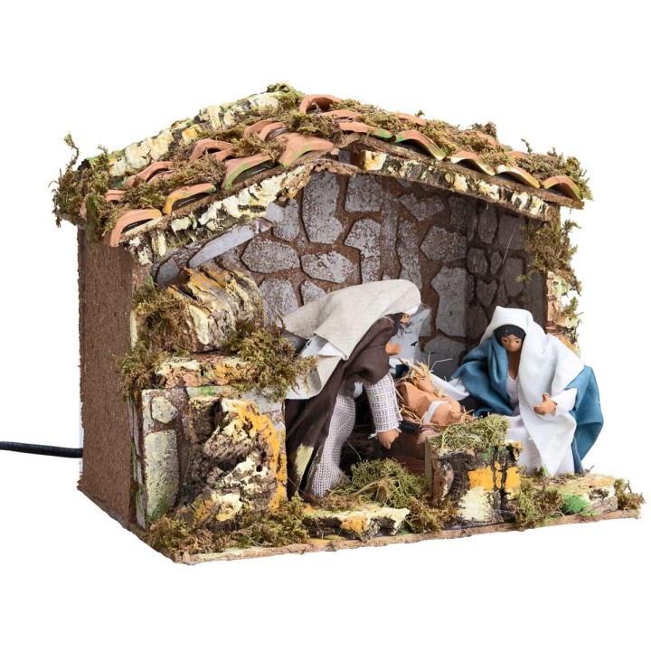 Cabaña de belén con natividad en movimiento de 12 cm y luz