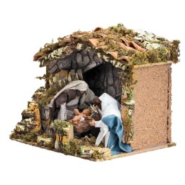 Capanna presepe con Natività in movimento cm 12 e luce