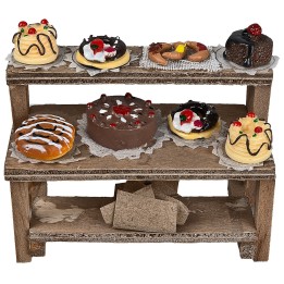 Puesto de madera con pasteles y dulces cm 8,8x4x8 h
