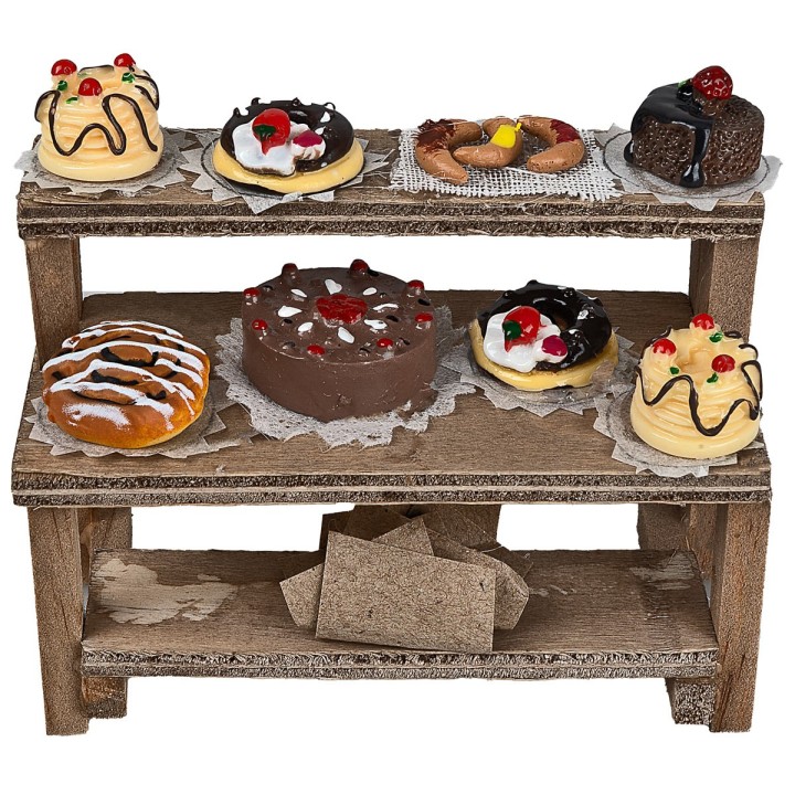 Wooden stall with cakes and sweets 8.8x4x8 cm h