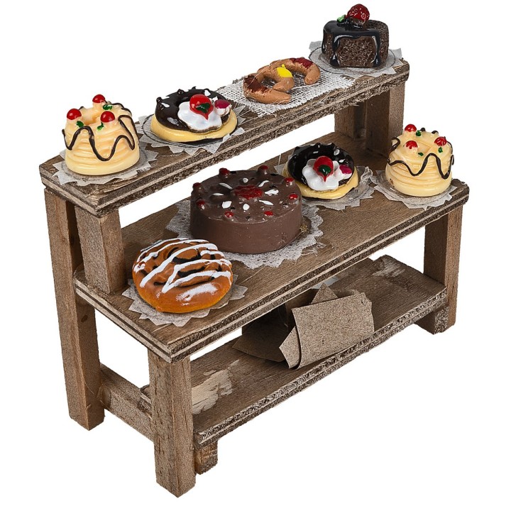 Bancarella in legno con torte e dolci cm 8,8x4x8 h