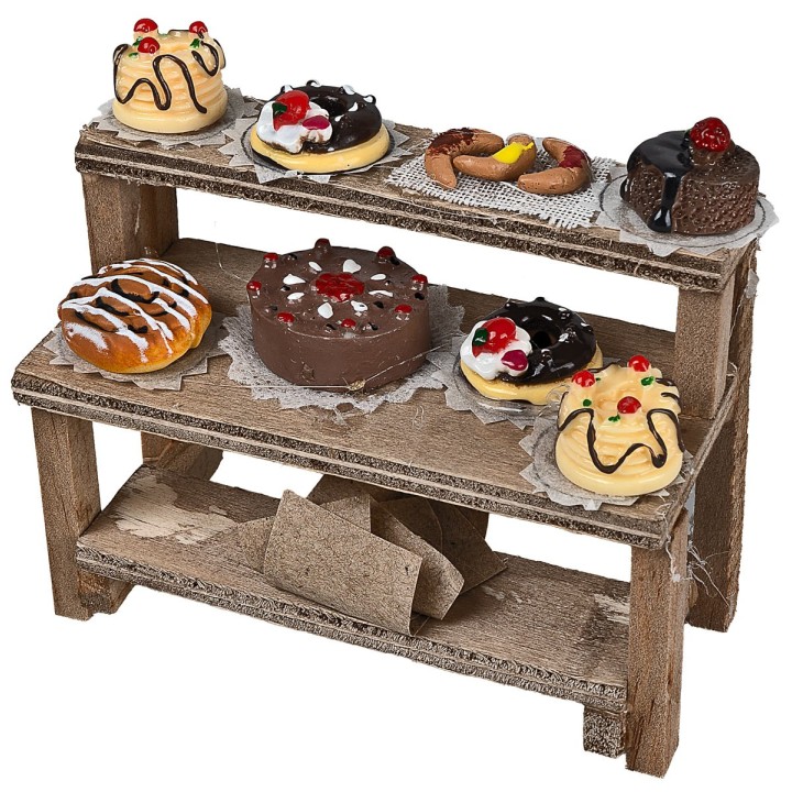 Bancarella in legno con torte e dolci cm 8,8x4x8 h