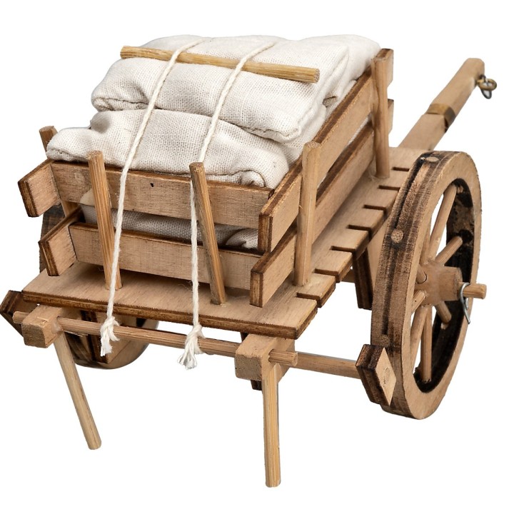 Carretto in legno con sacchi di stoffa cm 16x10x8 h
