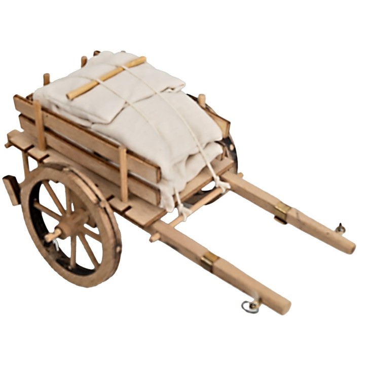 Carreta de madera con sacos de tela cm 16x10x8 h
