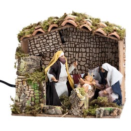 Capanna con Natività in movimento 12 cm e luce