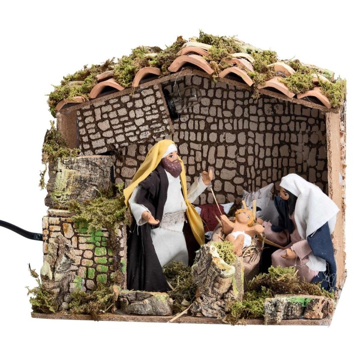 Capanna con Natività in movimento 12 cm e luce
