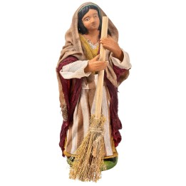 Contadina con scopa 12 cm in terracotta con abiti in tessuto