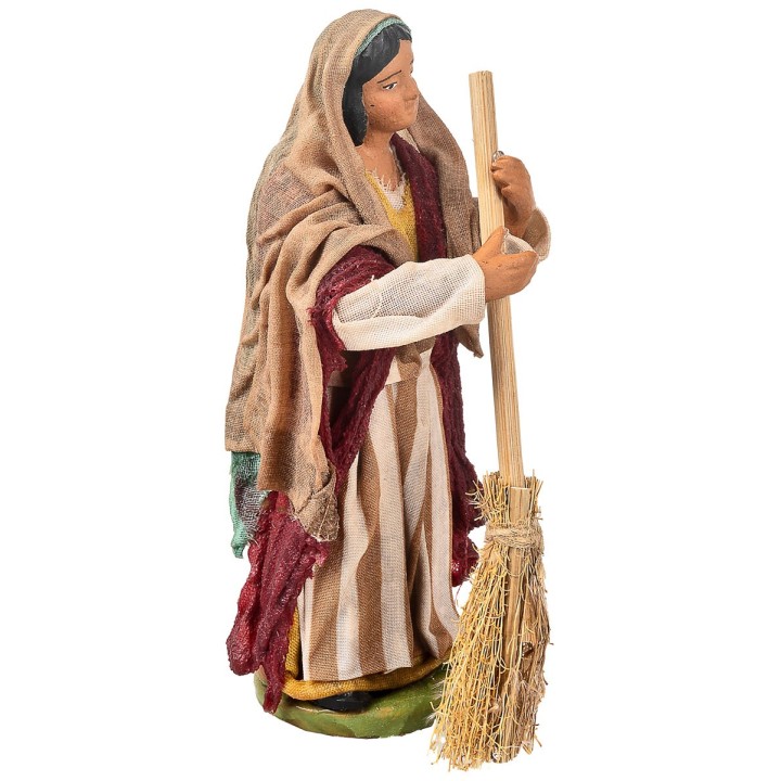 Campesina con escoba 12 cm en terracota con ropa de tela