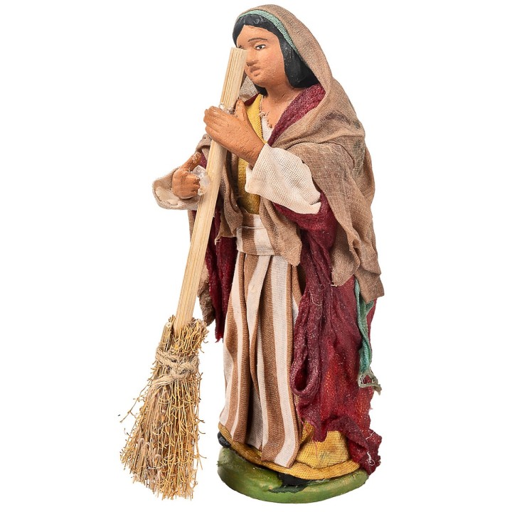 Campesina con escoba 12 cm en terracota con ropa de tela