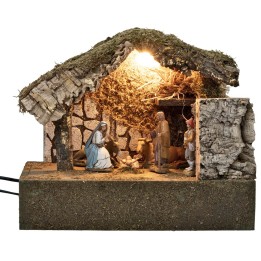 Capanna illuminata con Natività e zampognaro in movimento cm
