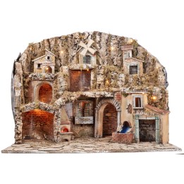 Presepe con luci, forno, mulino e ruscello cm 81x60x71,5 h