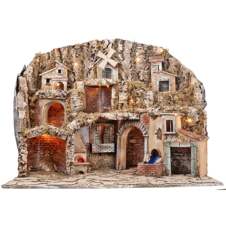 Nativity scene with lights, oven, mill, and stream cm 81x60x71.5 h