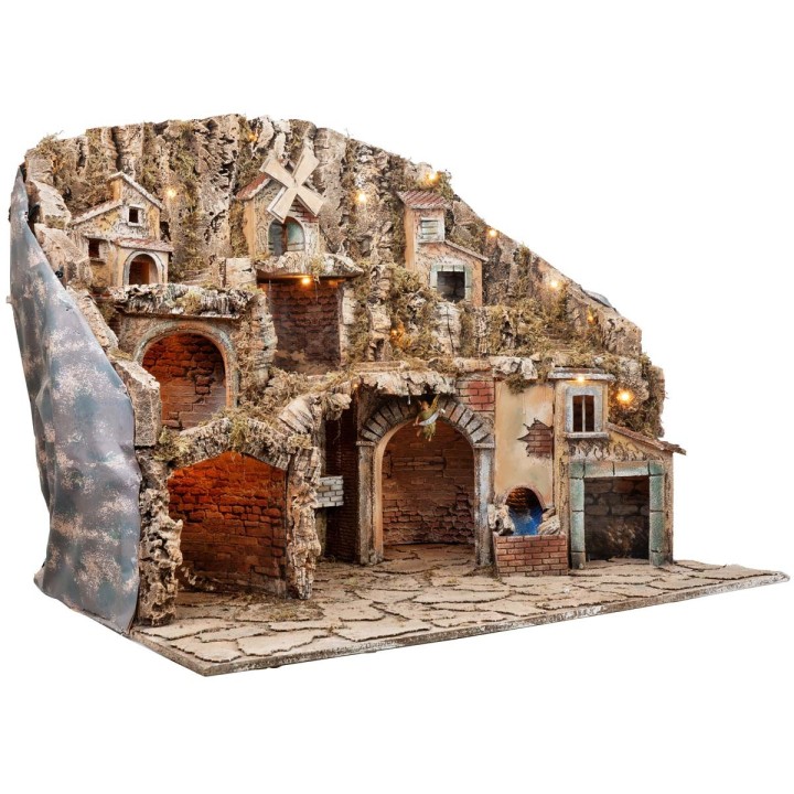 Nativity scene with lights, oven, mill, and stream cm 81x60x71.5 h