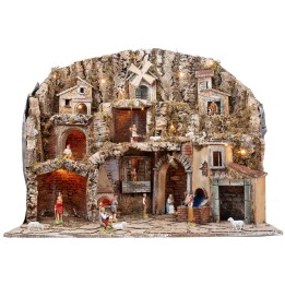 Nativity scene with Landi statues, lights, mill, and stream cm 81x60x71.5