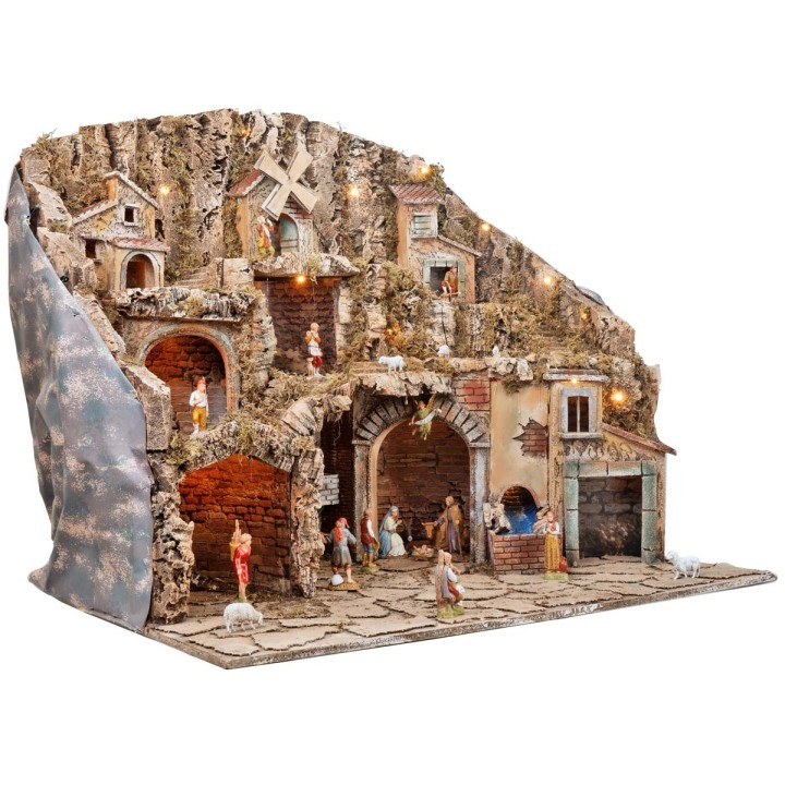 Presepe con statue Landi, luci, mulino e ruscello cm 81x60x71,5