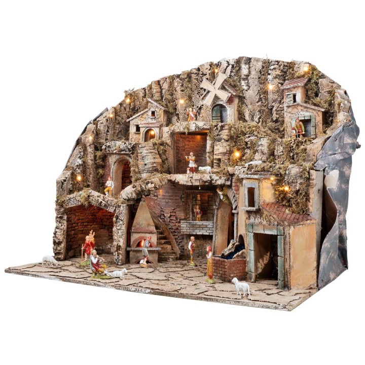 Nativity scene with Landi statues, lights, mill, and stream cm 81x60x71.5