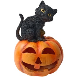 Calabaza tallada con gato y luz a baterías funcionando h 23 cm