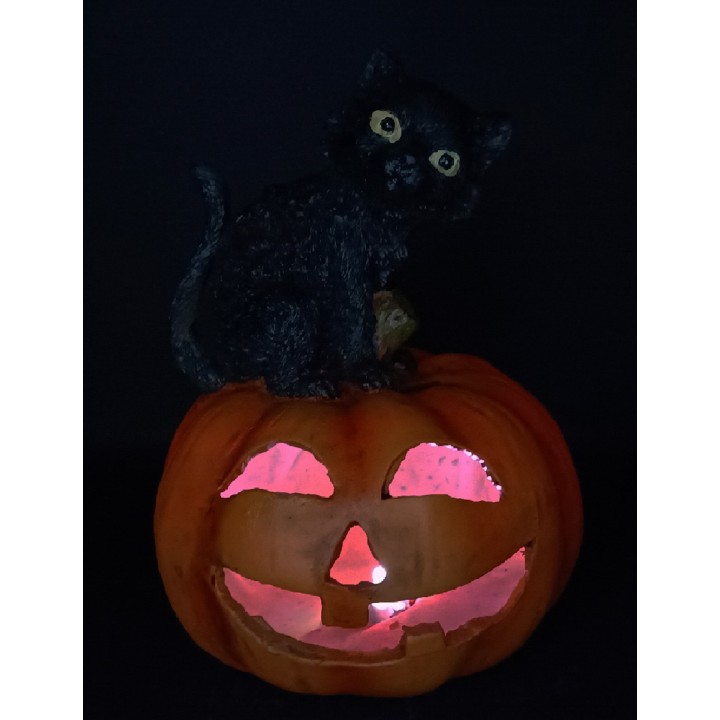 Calabaza tallada con gato y luz a baterías funcionando h 23 cm
