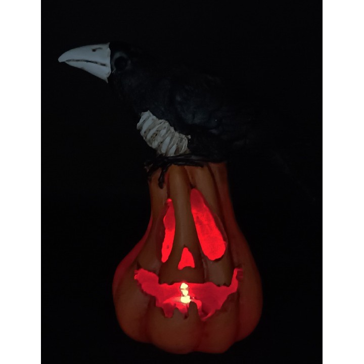 Carved pumpkin with crow and working light h 17.5 cm