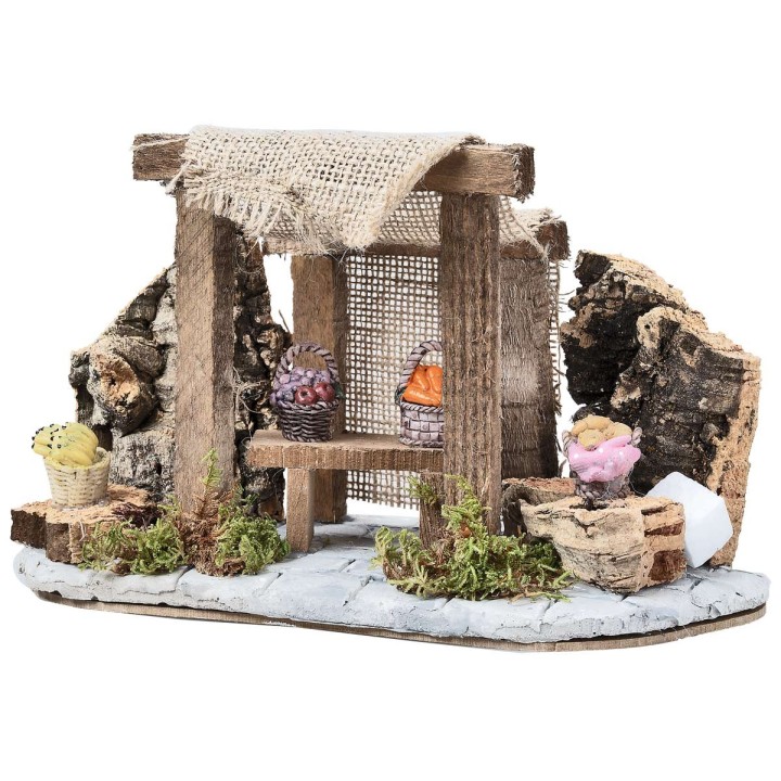 Bottega con tenda e banco con cestini cm 24,7x11x15,2 h