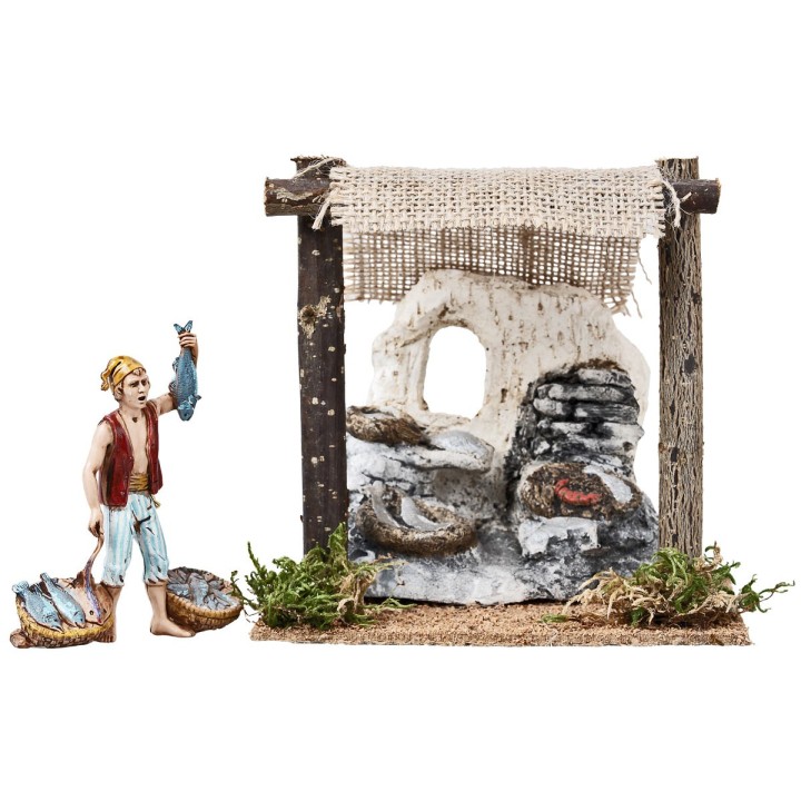 Fishmonger's shop with tent cm 14.2x11.2x14.5 h
