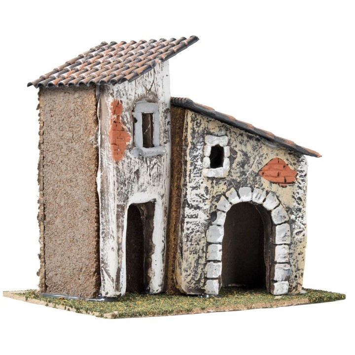 Pair of houses with tower and exposed bricks cm 18x12x16 h