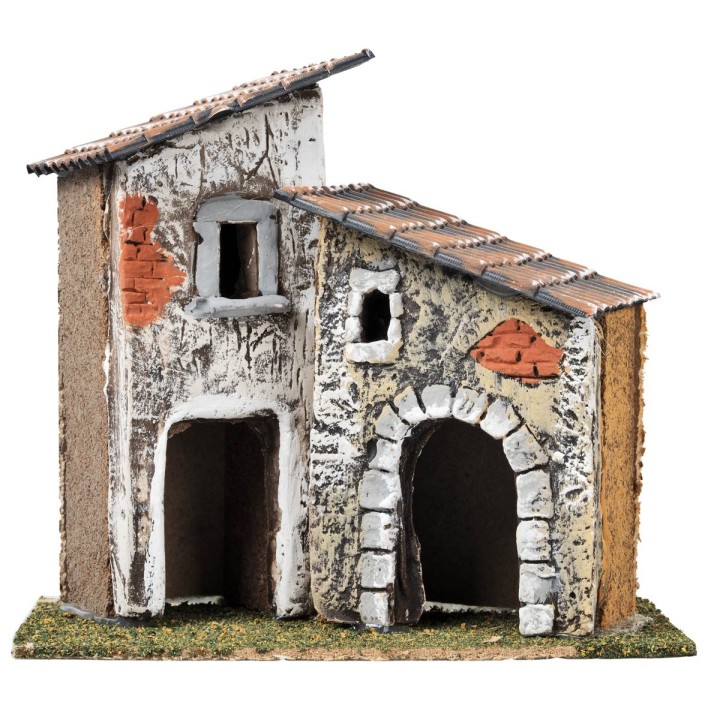 Pair of houses with tower and exposed bricks cm 18x12x16 h
