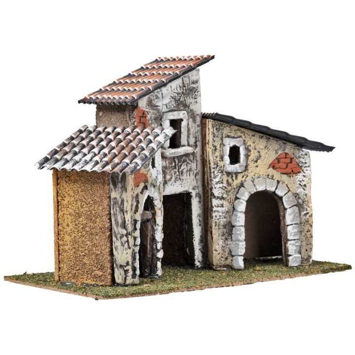Three houses with stone arches and aged facades cm 16x12.3x23 h