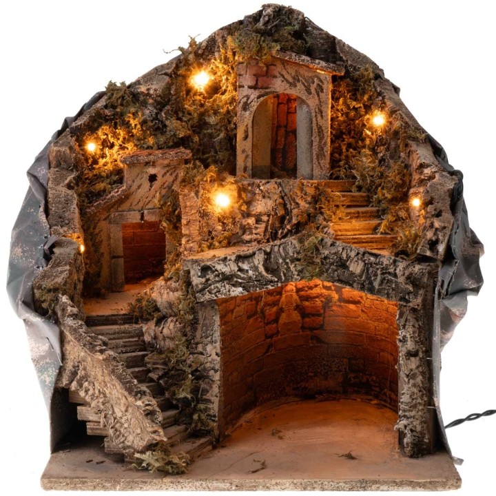 Nativity scene with illuminated cave, electric powered, cm