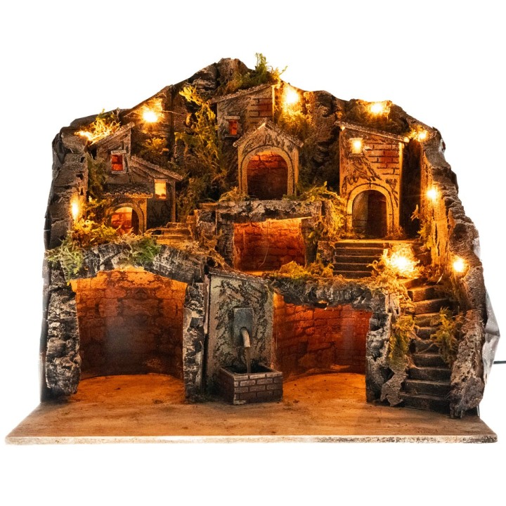 Illuminated nativity scene with electric-powered working fountain cm