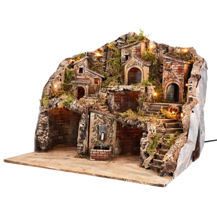 Illuminated nativity scene with electric-powered working fountain cm