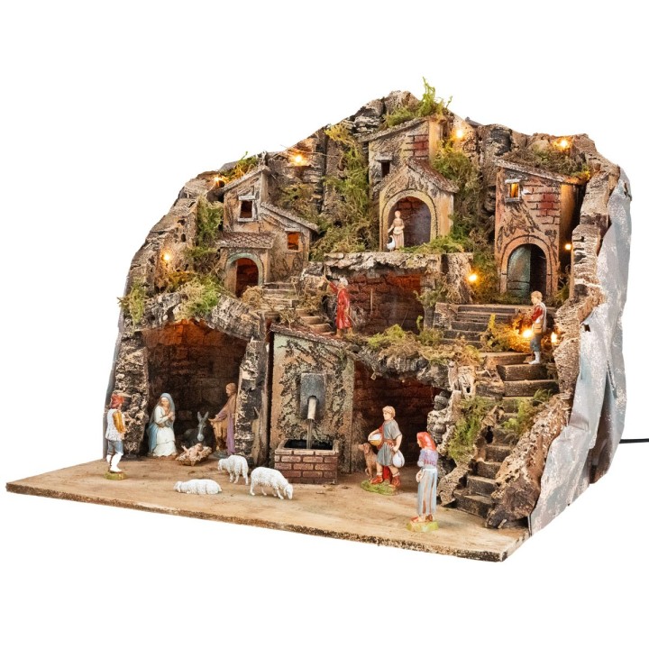 Pesebre iluminado con fuente completa de estatuas Landi cm