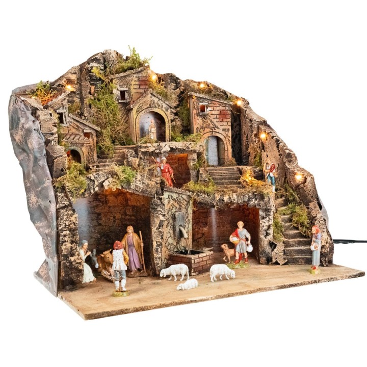 Illuminated nativity scene with fountain complete with Landi statues cm