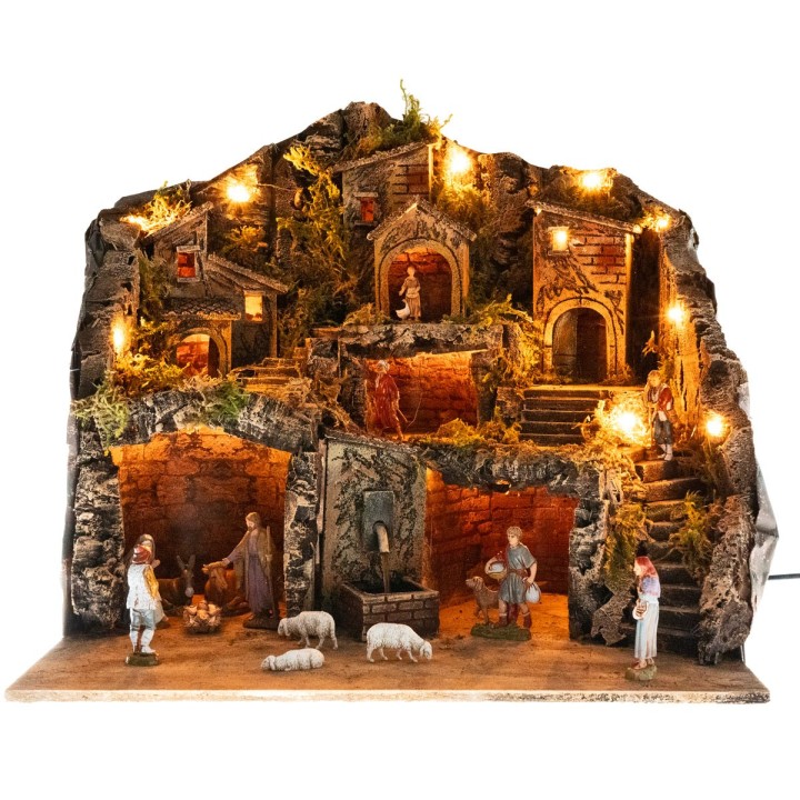 Illuminated nativity scene with fountain complete with Landi statues cm