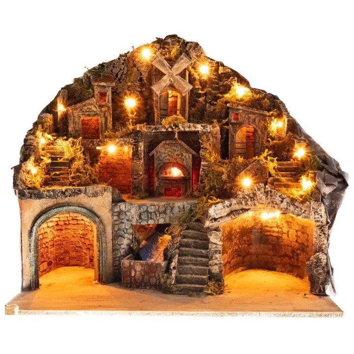 Illuminated nativity scene with oven, stream, and mill cm 60x41.5x58 h