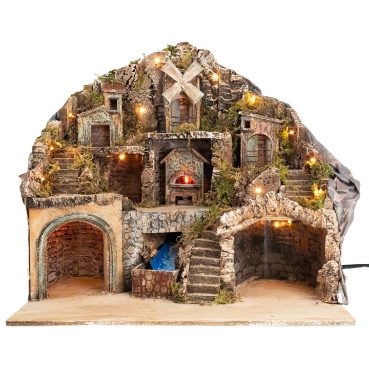Presepe illuminato con forno, ruscello e mulino cm 60x41,5x58 h