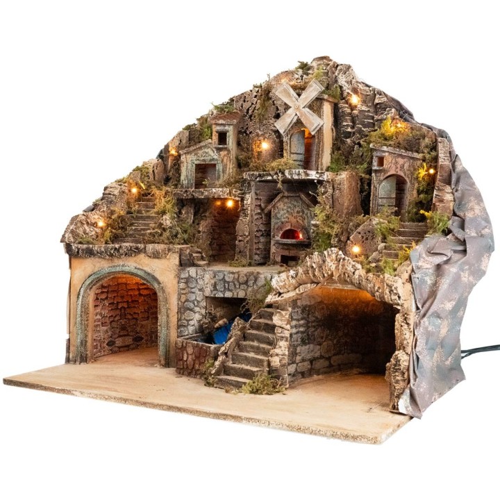 Presepe illuminato con forno, ruscello e mulino cm 60x41,5x58 h